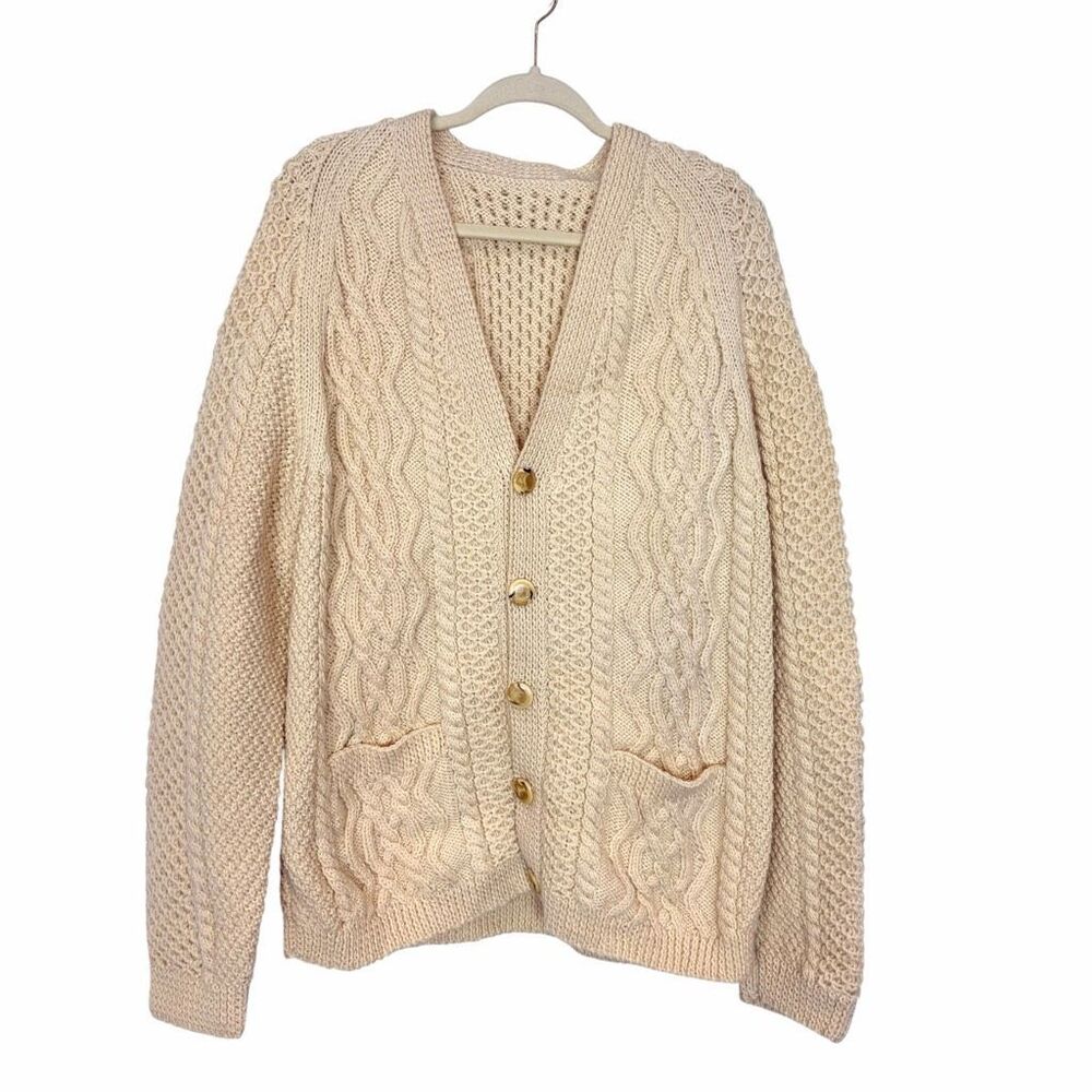 Vintage Handmade Wool Sweater Womens Large Cream Cable Knit Cardigan V-Neck